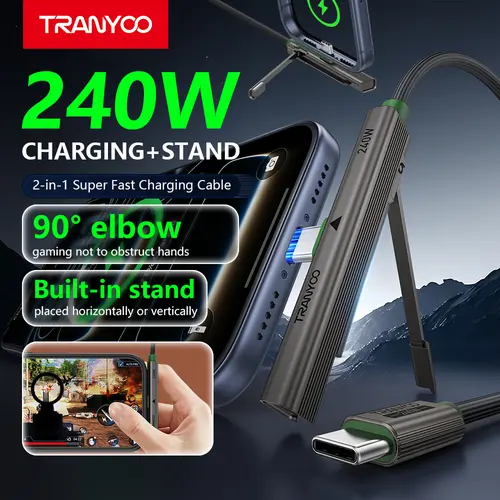 TRANYOO T-CC-10 240W Typc C to Typc C Charging Cable with Phone Stand, Fast Charging Cord with 90° Elbow, 48-Braided Nylon, 480Mbps Data Transfer, Compatible with iPhone 15/16/17, MacBook, Laptop, Samsung Galaxy