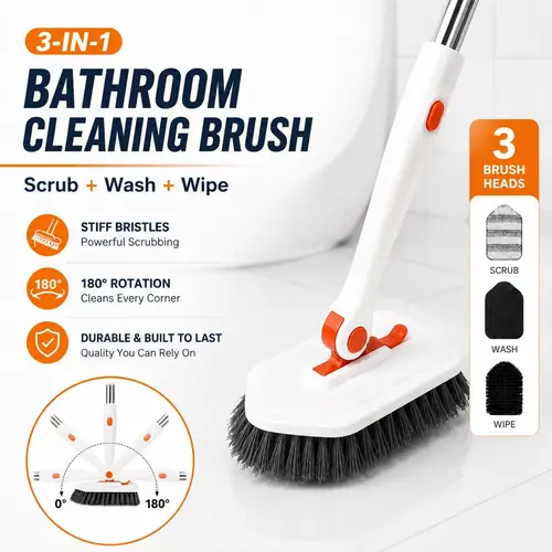 AIR U Tile Tub Scrubber Brush with 3 Different Function Cleaning Heads and 51" Extendable Long Handle-No Scratch Shower Scrubber for Cleaning Bathroom Kitchen Toilet Wall,Bathtub,Sink