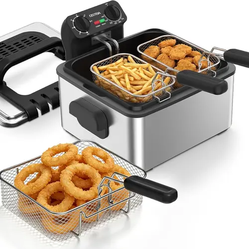 OSTBA Electric Deep Fryer with 3 Baskets, 1700W Stainless Steel Deep Fryer, 4.75QT Countertop Oil Fryer with Adjustable Temperature, Viewing Window, Odor Filter and Removable Oil Container