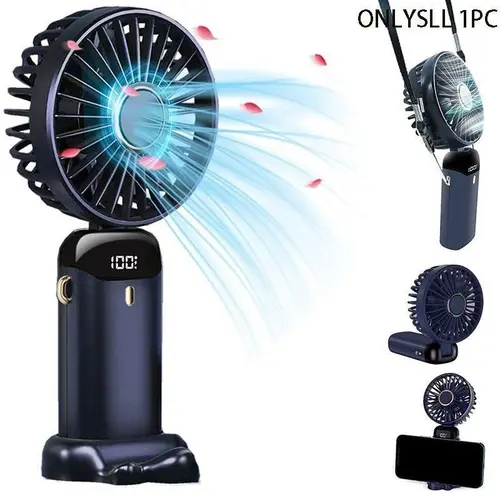 Portable Mini Fan - Neck Fan, Wearable Personal Fan, Handheld with LED Battery Display, 5 Speeds, 90° Adjustable Holder, Base, USB or Battery Operated, Wearable Rechargeable Fan, Indoor & Outdoor Cooling, Battery Operated Fans