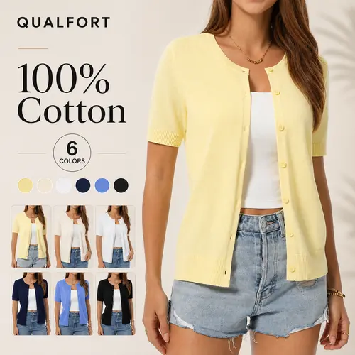 QUALFORT Women’s 100% Cotton Cropped Short-Sleeve Button-Down Knit Cardigan Sweater - Lightweight Basic Knitwear, Women's Fashion Business Casual Summer Tops, Business Casual Tops, Tops Women
