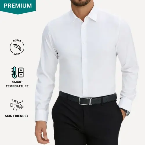 ROUWELL Men's Premium Wool-Modal Regular Fit Collared Neck Button Dress Shirt - Ultra-Soft Fabric, Office Chic, Quiet Luxury Comfort for Important Moments, Back to School, Elegant