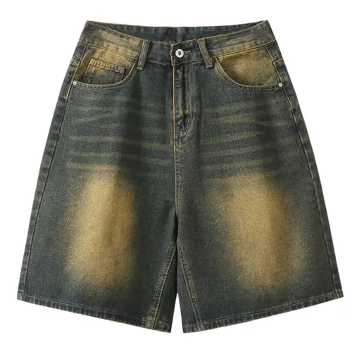 Men's Japanese Retro Gradient Washed Denim Jean Shorts - Summer Loose Straight Wide-Leg Mid-Length Casual Bottoms, Chic Foldable Preppy Wash-Dye Vibe, Comfortable Versatile H-Type Streetwear Clothing Jorts for Party