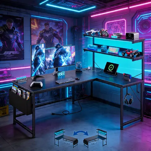 【Cable Organizer】Raybee Reversible L-Shaped 53‘’W Gaming Desk with LED Light & Power Outlets,Sturdy & Easy Assemble Computer Desk with 2 Hooks & Side Storage Pocket,Gaming Setup for Home Office Use,Study desk for teenagers, Computer Table with Shelf,Black
