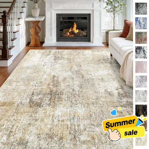 BESTSWEETIE Neutral Washable Rectangle Area Rug - Large Modern Boho Faux Wool, Non-Slip, Low-Pile (0.2 Inches), Water Resistant, Distressed Abstract, Reinforced Edge, High Traffic for Living Room, Bedroom (Rugs for Bedroom)