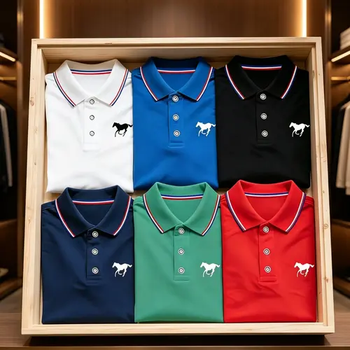 6-Pack Men's Horse Embroidered Polo Shirts, Striped Trim Collar Button Placket, Soft Breathable Fabric for Casual Business Sport Wear