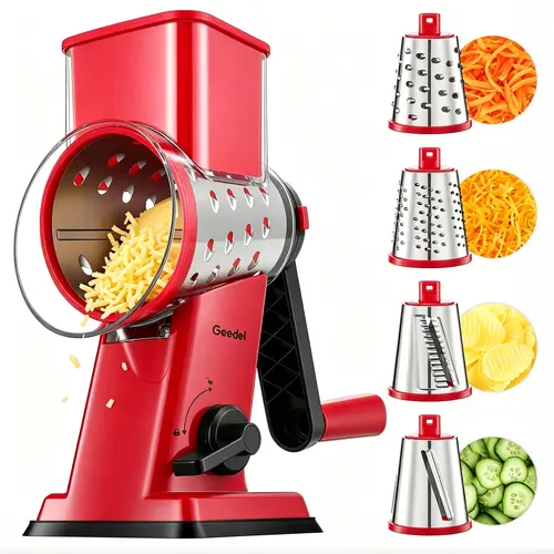 Geedel 4-in-1 Rotary Cheese Grater - Stainless Steel Discs, Wavy Blade, Stable Base, Pusher, Safety Features, Kitchen Utensils, Vegetable Fruit Grater for Effortless Cheese Preparation, Food Shredding/Cutting, Ham
