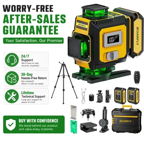 SOARFLY X16 Laser Level with Tripod, 4 x 360 Self Leveling Line Laser, 16 Lines 4D Green Laser, Cross Lines Tool with 2 Batteries for Tile, Picture Hanging, Home Renovation