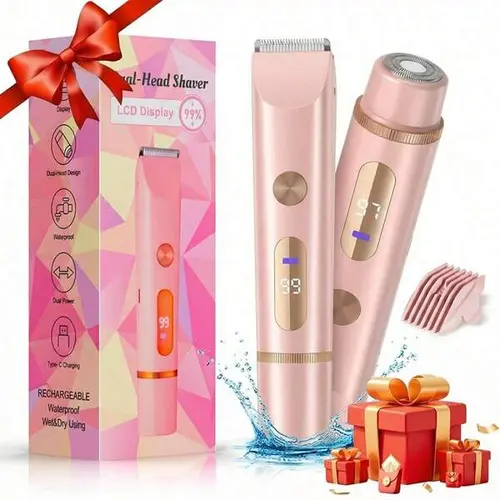 DEBARK Women's 2-in-1 Electric Shaver Set, Cordless Razor & Trimmer with Ceramic Blades, LCD Display, IPX7 Waterproof, USB Rechargeable, Painless Daily Hair Removal for Face, Legs, Removable Head, Ideal for Mum