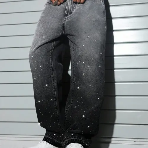 Men's American High Street Fashion Rhinestone Jeans, Distressed Denim Sparkly Loose Fit Oversized Straight Leg Pants