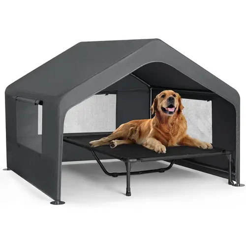 Veehoo Extra Large Weatherproof Outdoor Dog House, Polyester-Plastic UV Blocking Shelter with 4.1' XL Space (4.1x4.1x3.3 ft), Elevated Bed, Easy Assembly for Pets (Grey)