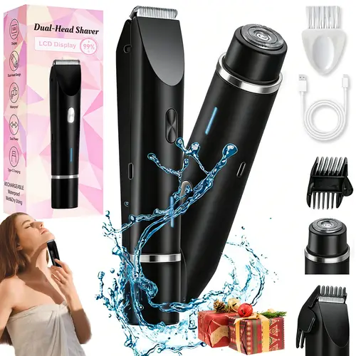 Women's 2-in-1 Smooth Silky 2-Head Shaver & Removable Bikini Trimmer - Painless Ceramic Blade, 10000RPM, IPX7 Waterproof, Rechargeable Portable Adults' Facial Self Care Product, Mother’s Day Gift with Pouch, Full Body Hair Removal Titanium Beauty Tool