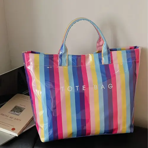 Large capacity, high aesthetic value, lightweight, high-end striped tote bag, PVC material, hand-held armpit bag, outdoor travel, shopping, commuting bag, daily commute bag, handbag, Trendy Casual Commuter Bag