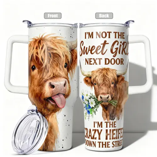 1pc, 40oz/30oz/20oz/14oz Stainless Steel Cup Highland Cow Double Wall Vacuum Insulated Water Cup, Leakproof Lid & Carry Handle Travel Mug for Outdoor Camping Hiking, Gift for Dad, Mom, Leakproof Tumbler, Leakproof Vacuum Flask