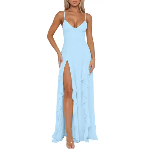 BORIFLORS Women's Sleeveless Mesh Maxi Dress - Deep V-Neck Spaghetti Strap Summer Gown with Ruffle High Slit, Formal Wear for Prom, Graduation & Semi Formal Wedding Guest Occasions