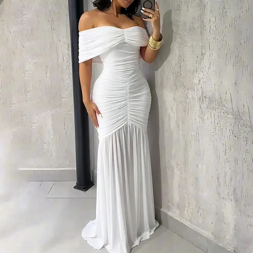 CHICME Women's Slim Fit Off Shoulder Evening Dress Ruched Mermaid Hem Maxi Dress for Wedding Guest, Formal Event & Special Occasion