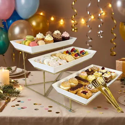 Sebastian CADIA Stylish 3-Tier White Plastic Serving Tray with Gold Stand, Multi-Functional Set Including Tongs for Buffet, Party Snacks