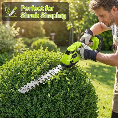 Portable 21V Cordless Hedge Trimmer, 220mm Electric Garden Shrub Trimmer with Battery and Charger, Bush Trimmer with Blade Guard