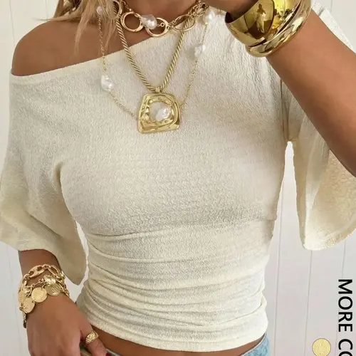 Women's Batwing Sleeve One-Shoulder Short Sleeve Slim Fit T-Shirt, Body Hugging Tops, Casual Plain Top, Without Collar Button Zipper, Fashionable Ladies' Clothing, Womenswear