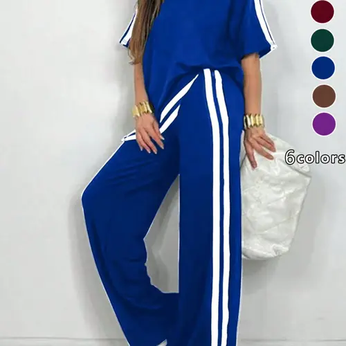 Plus Size Women's Sportswear Set, Tracksuit Outfit, Striped Short Sleeve Top with Wide Leg Pants, Casual Vacation Sports, All Seasons, Fitness Outfit Athleisure, Athleisure Workout Set, Athleisure Sportswear Set