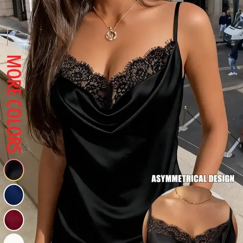 [Black Friday]Women's Luxury Satin V-Neck Asymmetric Lace Cami, Strappy Camisole, Slimming Innerwear, Elegant Outer Top, Perfect for Dates, Dinners, Travel