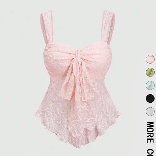 Romantic Lace Strapless Top for Women, Cute, Thin Straps, Front Bow Pleat, Summer See Through, Slim Fit, Plain Surface