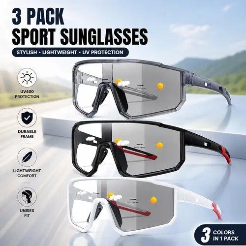 3-Pack Unisex Casual Cycling Glasses - Polarized UV Protection Lenses, Windproof Lightweight One-Size Sports Sunglasses for Outdoor Enthusiasts, Cycling, Men's Sunglasses, Glasses for Women