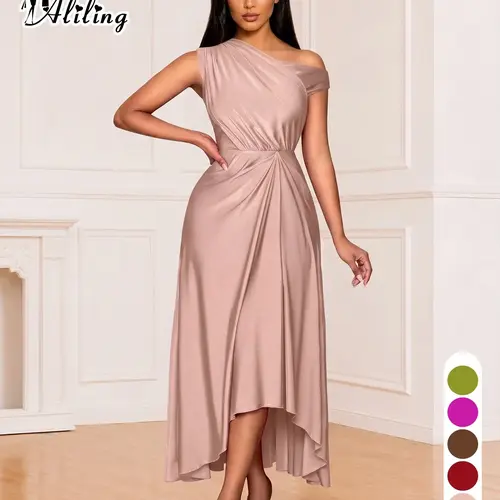 Women's Aliling Elegant Classy Flattering One-Shoulder Midi Dress, Asymmetrical Pleated Hem Solid Dress for Summer Vacation