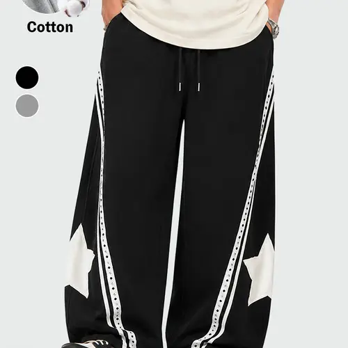 TELLFUN Men's Baggy Sweatpants, Y2K High-Waist Panel Barrel Style, Oversized Wide-Leg Fit, Star Patch & Studded Stripe Detail, Unisex Streetwear Outfits Tracksuit Bottoms