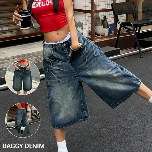 Women's Vintage Five‑Quarter Denim Culottes, Mid Waist Loose-Fit Jeans with Pockets, Casual Knee‑Length Bottoms for Everyday Wear, Womenswear