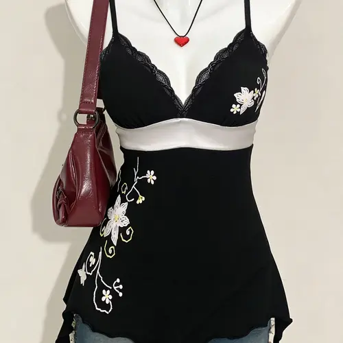 Vintage Floral Pattern Camisole, Y2K Style Contrast Lace Spaghetti Strap Top, Slim-Fit Sleeveless Top for Vacation, Summer Grunge Wear for Women, Cami Tops