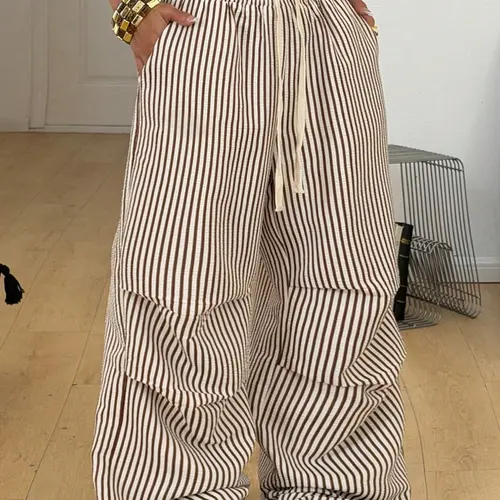 Women's Summer Basic Striped Wide Leg Baggy Fit Sports Pants, Sporty, Comfortable, Breathable and Stylish, Ideal for Casual & Warm Weather Wear