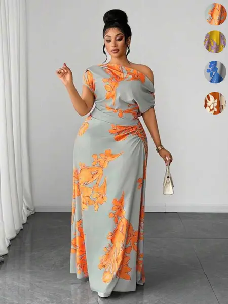 Women's Plus Size Dress, Large V-Neck Design Slimming Effect, Floral Print Casual Daily Wear, Elegant Vacation Style, Fitted Skirt, Womenswear