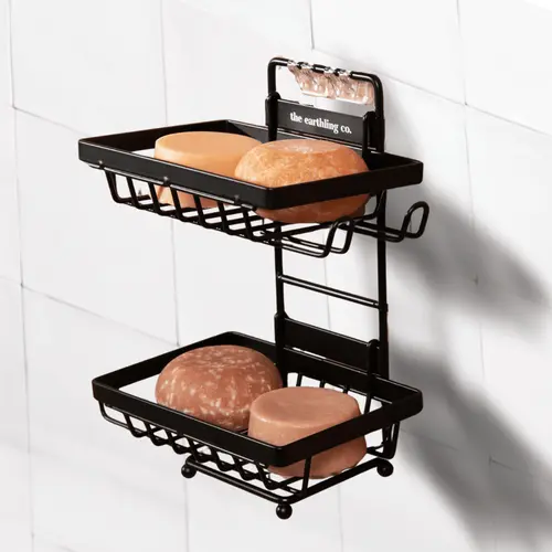 The Earthling Co. Shower Caddy - Rust-Resistant Coated Iron Organizer with Self-Draining Feature & Built-in Hooks for Wash Cloths and Loofahs