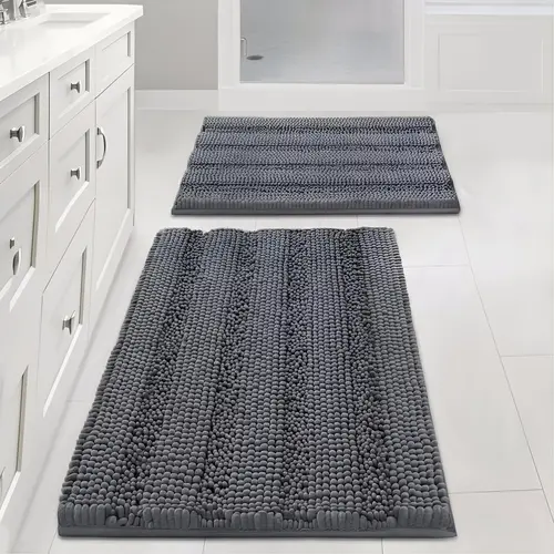 1-2 Pcs Dark Gray Chenille Striped Plush Bath Mats Set - Extra Thick, Washable, Non-Slip, Fast-Absorbing, Comfortable Rectangle Chenille Fiber Gray Bathroom Rugs, Bathroom Accessories