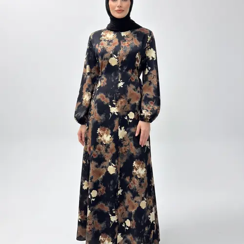 Elegant Long Sleeve Flowy Maxi Dress with Zip Pocket and Tie Waist, Lightweight Printed Design for Spring and Summer, Modest Style, Modest Muslim Outfits