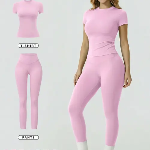 Two Piece Set Women New Crew Neck Short Sleeve Long Pants Sports Suit Solid Color Versatile Soft Comfortable Moisture Wicking High Elastic Waist Tummy Control Hip Lifting Yoga Set Gym Running Outfit Tight Breathable Sports Pants Workout Sets