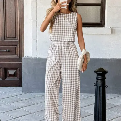 Elegant Summer Vacation Set, Round Neck Fitted Tank Top and Plaid Long Pants, Two-Piece for Women, Everyday Casual and Comfortable