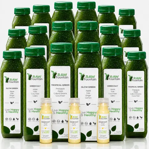 3 Day Green Juice Cleanse Detox by RAW Fountain, RAW Cold Pressed Juices, All Natural, No Gluten, No Wheat, No Artificial Flavors, 18x 12oz Bottles, 3 Ginger Shots 2oz