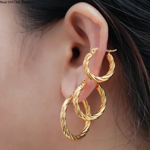 Women's Gold-Plated Vintage Twisted Stainless Steel 3-Pair Hoop Earrings - Tarnish-Proof, Stackable, Metal Coating, Unisex Sports & Outdoor Compatible Statement Jewelry, Statement Earrings