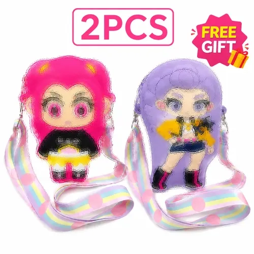 2PCS Kids Silicone Compact Graphic Crossbody Coin Purses - Cute Cartoon ABS Zipper Mini Pouch, Bright Colors Rainbow Strap Crossbody/Shoulder Bag, 2 Piece Sets Doll Accessories for Grandparents