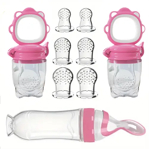 Baby Feeding Set Includes Silicone Bottle with Rice Spoon, 2 Fruit Veggie Feeders, 6 Nipples in 3 Sizes, Complete Baby Feeding Kit, Silicone Utensil, Silicone Feeding Utensils