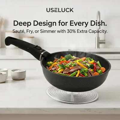 USELUCK 26cm Black Granite Non-Stick Stir-Fry Pan with Lid, Handle, Deep Skillet Design, Easy-Clean Everyday Cookware for Frying, Simmering, Black Granite Non-Stick Skillet