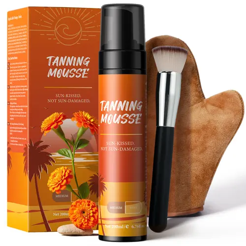 Vegan Self Tanner Mousse Kit - 1-Hour Express 200mL Dark Bronze with Mitt & Brush, Plant-Based 30% DHA Body Care for Full Body Radiant Golden Brown Tan, Long-Lasting, No Orange Tones, Streak-Free, Odorless Natural Sunless Glow