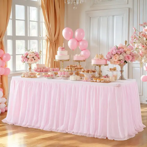 European Classic 1-Piece Romance Tulle Skirt Table Cover - Wrinkle-Free Spandex-Polyester Stretch Cloth for Multi-Size Rectangle Dessert Tables, Wedding Centerpiece, Valentines Day Party Decoration Supplies