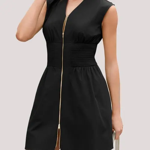 Fisoew Women's Sleeveless Tank Mini Dress - Women's Clothes, Armless Comfy Feminine Casual Zip-Front V-Neck Loose Summer Smocked Dress with Pockets, Armless Casual Dresses