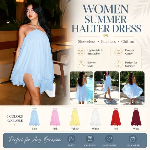 Women's Summer Halter Dress – Sleeveless Backless Chiffon Midi Dress – Casual Party Club Dress – Basic Flowy Evening Dress for Women Formal Womenswear Fitted Chic Elegant