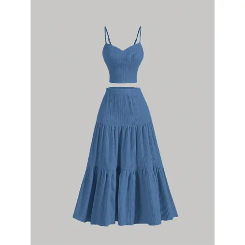 Women's 2-Piece Solid Crop Cami Top & Pleated A-Line Skirt Set - Basic, Fitted, Breathable Fabric Casual Summer Outfits for Daily Outdoor Wear