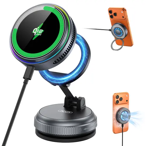 Qi2.2 25W Certified MagSafe 360° Tilt Rotating Mount Charger Lite - Fast Charge Smart Charger Mobile Phone Accessories with Cooling Fan, LED Lights, AI Heat Control, 15W for Older iOS, Commute-Friendly for iPhone 17-12, Galaxy S25-S26 (Automotive)