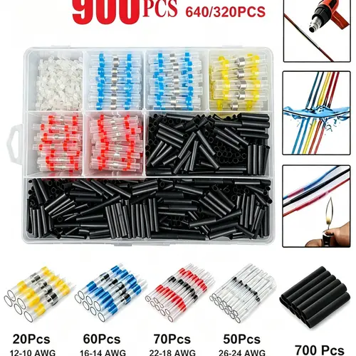 summerwins Solder Seal Wire Connectors Heat Shrink Butt Splice Kit - 900/640/320-Pcs Waterproof Insulated Solder Sleeves, Electrical Terminals Tools for Marine, Automotive Cable Wiring Repair Supplies